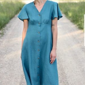OFFON Linen dress with frill sleeves in Light Turquoise, size XS